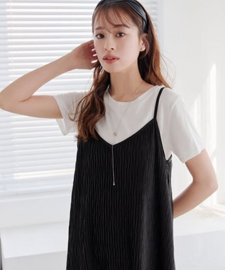 Tiaclasse 【2点セット・洗える】変形プリーツキャミワンピース＆Tシャツ ブラック