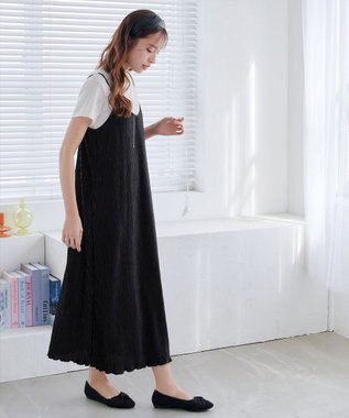 Tiaclasse 【2点セット・洗える】変形プリーツキャミワンピース＆Tシャツ ブラック