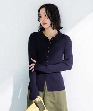 Green Parks 襟付きリブニットカーディガン Dark Navy
