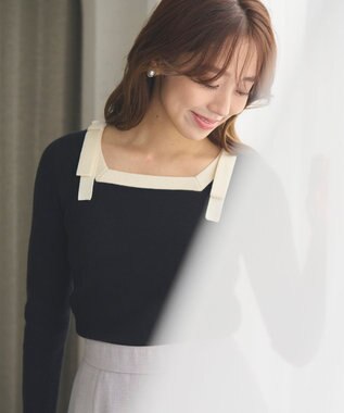 Feroux 【洗える】ショルダーリボン プルオーバーニット ブラック系