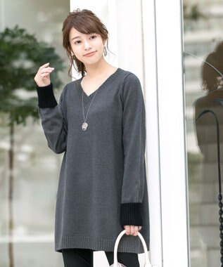 Tiaclasse L 【洗える】幅広く活躍が期待できるVネックリブニットチュニック チャコール×ブラック