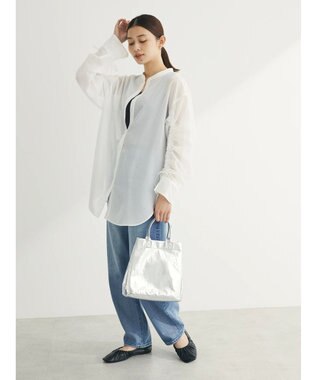 Green Parks シアーチェック袖ドロストシャツチュニック Off White