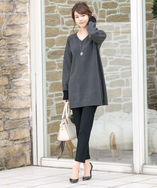 Tiaclasse L 【洗える】幅広く活躍が期待できるVネックリブニットチュニック チャコール×ブラック