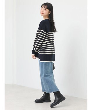 earth music&ecology ウォッシャブル脇スリットクルーネックプルオーバー Border Navy