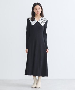 earth music&ecology 襟レースニットワンピース Black