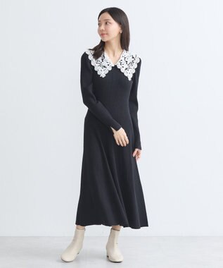 earth music&ecology 襟レースニットワンピース Black