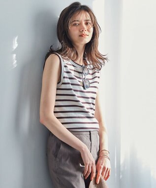 23区 S 【SLOW/洗える】ミドルフライスジャージー ノースリーブ カットソー ホワイト×ダークブラウンボーダー