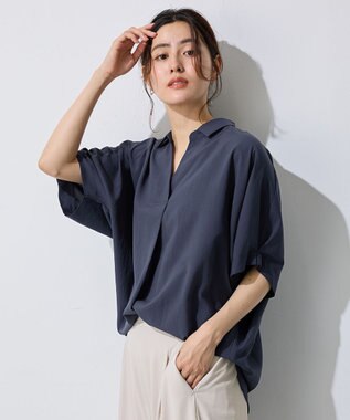 ANY 【新色追加】スキッパーネック袖タックブラウス ネイビー