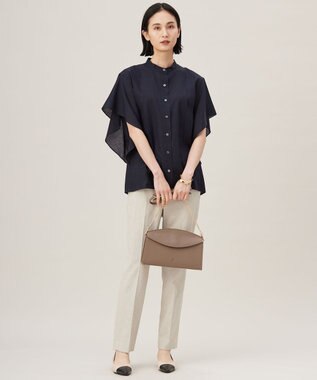 自由区 L 【接触冷感・吸水速乾・洗える】ナチュラルリネンフレア袖 シャツ ネイビー