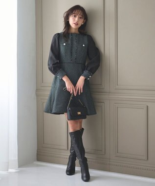 Feroux 【洗える】ツイードコンビミディ ワンピース ブラック系