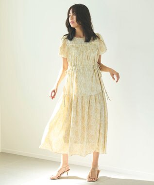 Feroux 【洗える】フラワープリントドロスト ワンピース ライトイエロー系3