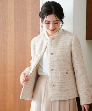 ANY SIS L ノーカラーフリンジツイード ジャケット ライトベージュミックス