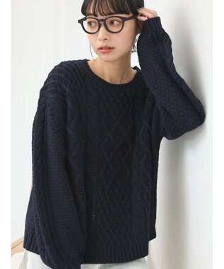 earth music&ecology ウォッシャブルケーブルプルオーバー Navy