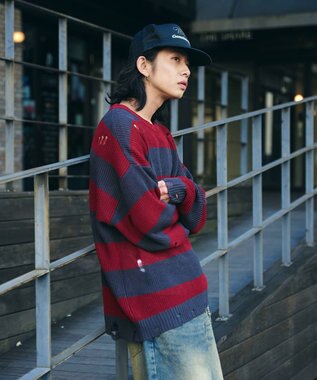 WEGO ボーダーダメージニットプルオーバー レッドボーダー