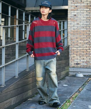 WEGO ボーダーダメージニットプルオーバー レッドボーダー