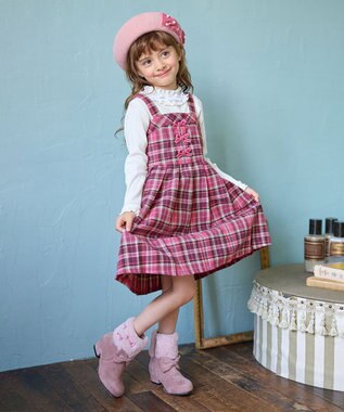 ANY KIDS チェックプリーツジャンパースカート ピンク系