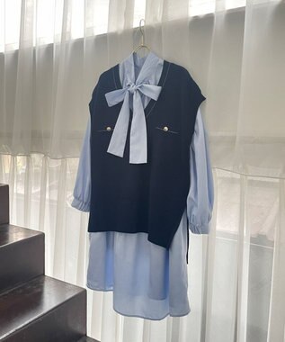 Feroux 【セットアイテム】2WAYリボンタイ ワンピース × ニット ベスト スカイブルー系