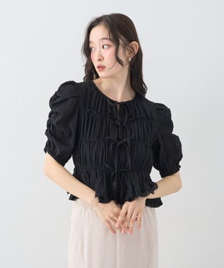 earth music&ecology レースティアードシャーリングブラウス Black