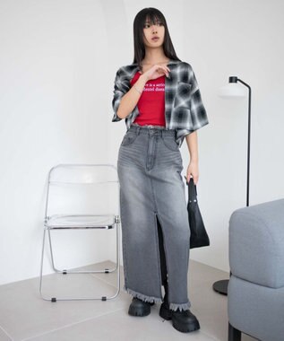 WEGO フリンジロングスリットデニムスカート デニムブラックソノタ