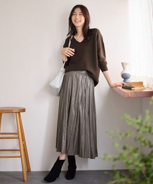 ANY 【洗濯機可】Ｖネックラメガーターニット ブラウン