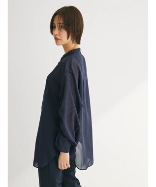 Green Parks シアーチェック袖ドロストシャツチュニック Dark Navy