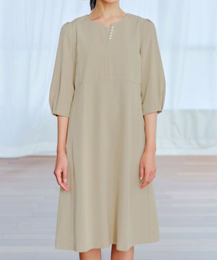 Tiaclasse L 【洗える】パール付きタックスリーブワンピース ベージュ