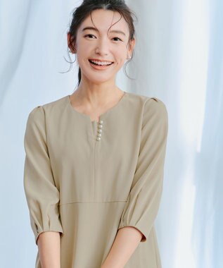 Tiaclasse L 【洗える】パール付きタックスリーブワンピース ベージュ