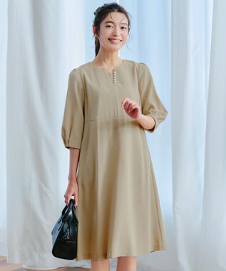 Tiaclasse L 【洗える】パール付きタックスリーブワンピース ベージュ