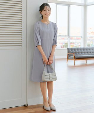 Tiaclasse L 【洗える】パール付きタックスリーブワンピース サックス