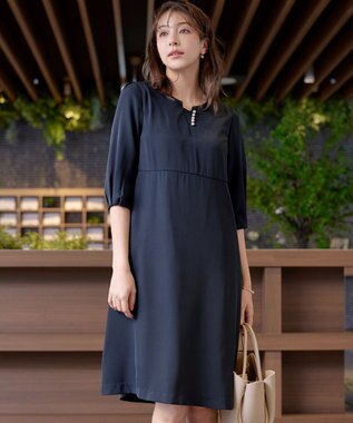 Tiaclasse L 【洗える】パール付きタックスリーブワンピース ネイビー