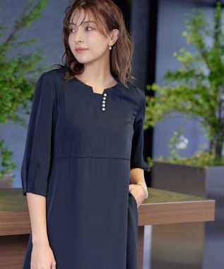 Tiaclasse L 【洗える】パール付きタックスリーブワンピース ネイビー