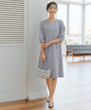 Tiaclasse L 【洗える】パール付きタックスリーブワンピース サックス