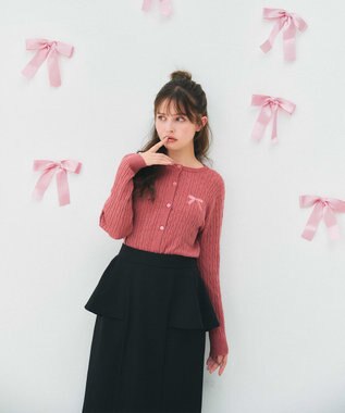 Feroux ケーブル編み×リボン刺繍 ニット カーディガン ピンク系