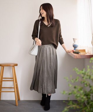 ANY 【洗濯機可】Ｖネックラメガーターニット ブラウン