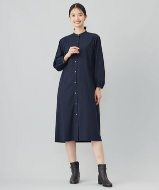 J.PRESS LADIES L 【洗える】T/Rウォッシャブルギャバ バンドカラー ワンピース ネイビー系