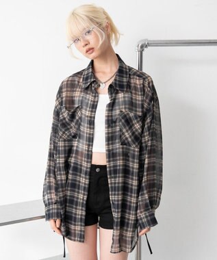 WEGO 2WAYオフショルシアーチェックシャツ ネイビー