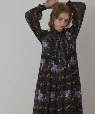 GRACE CONTINENTAL フラワープリントティアードワンピース ブラウン