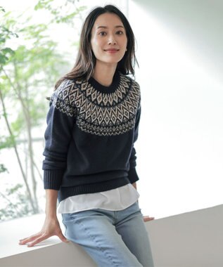 J.PRESS LADIES 【WEB限定カラーあり・洗える】FAIR ISLE ラウンドネック ニット ネイビー系