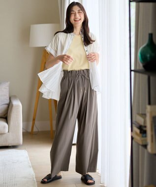 ANY L 半袖ティアードブラウス オフ×ストライプ