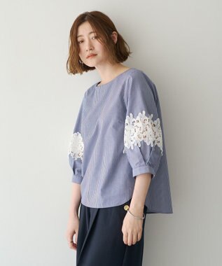 YECCA VECCA ストライプ柄レース切替ブラウス Navy