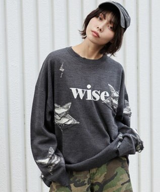 WEGO 【ユニセックス着用ITEM】ダメージジャガードニットプルオーバー スミクロ