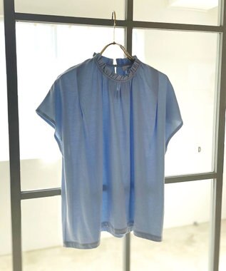 Feroux 【UVケア】スタンドネックフレンチスリーブ Tシャツ スカイブルー系