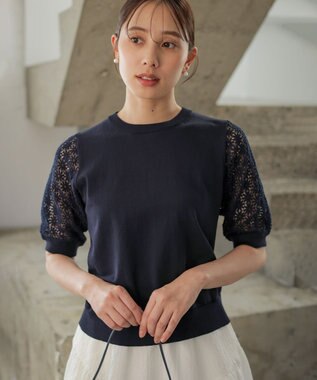 組曲 【先行予約】コットンフラワーレーシープルオーバー ニット ネイビー系