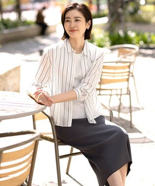 J.PRESS LADIES S 【洗える】ランダムストライプ シアー シャツカラー カットソー ホワイトストライプ系