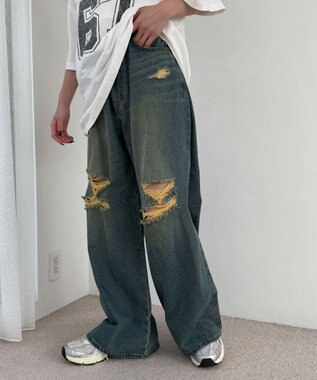 WEGO ダメージワイドデニムパンツ デニム中濃加工色