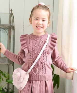 ANY KIDS 肩フリルハートケーブルニット ピンク