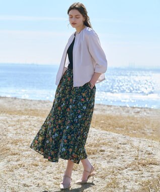 J.PRESS LADIES S スパンボタニカル プリント ロング フレア スカート ネイビー系