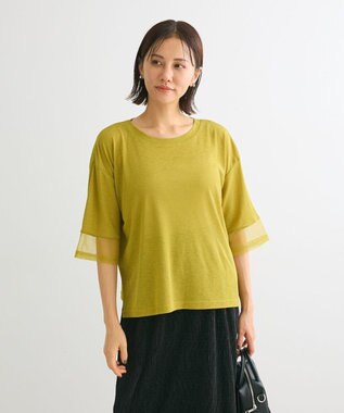 Green Parks 袖チュールドッキングシアー５分袖プルオーバー Green