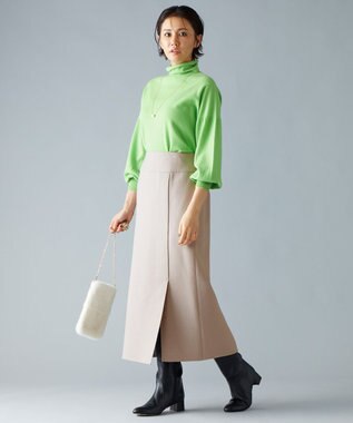 自由区 【洗える】ソフトウールハイゲージパフスリーブハイネック ニット グリーン系