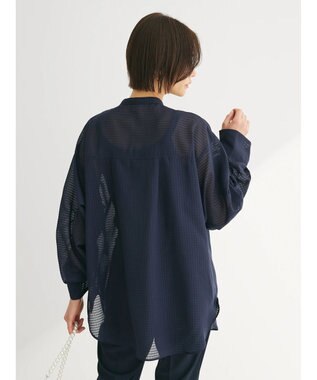 Green Parks シアーチェック袖ドロストシャツチュニック Dark Navy